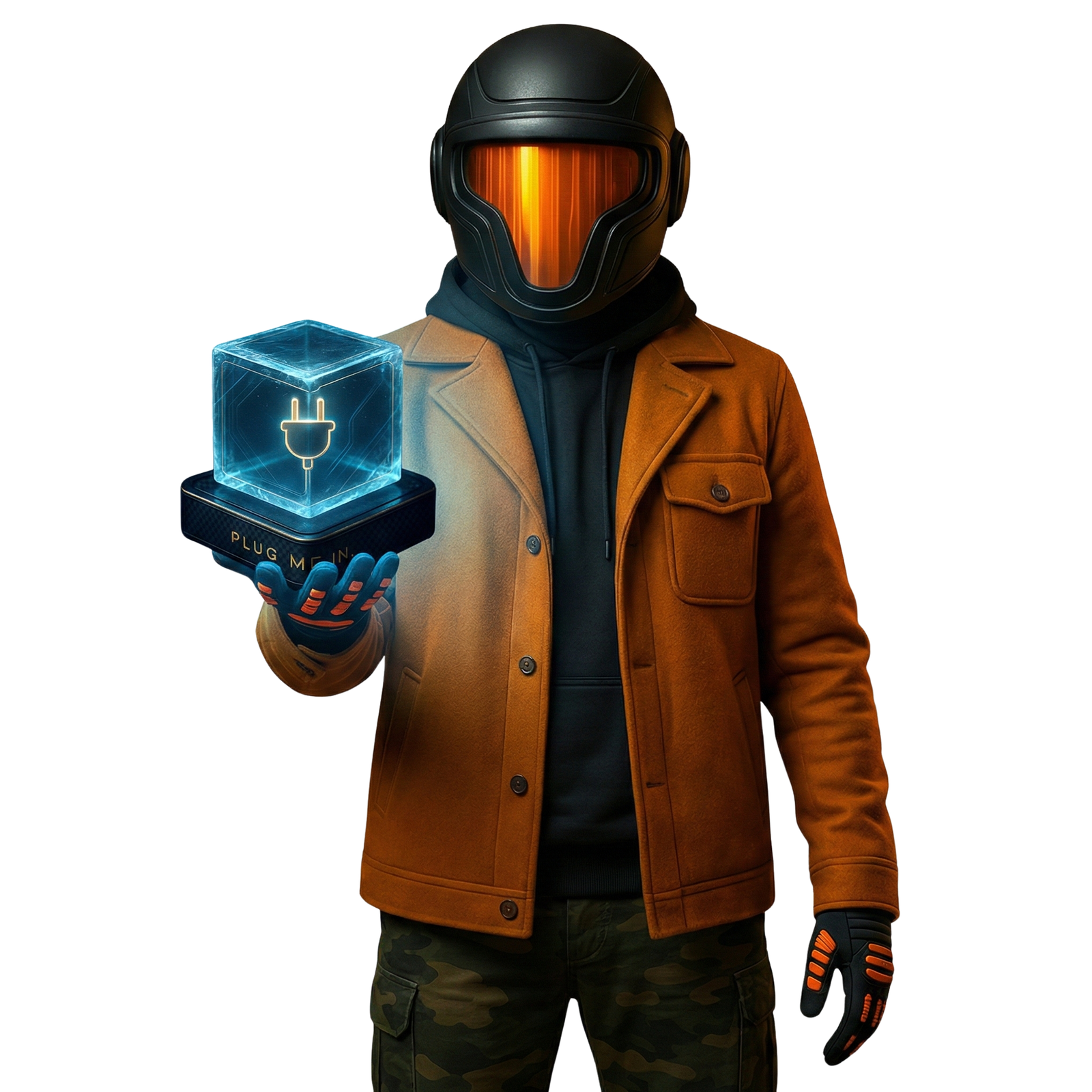 ACHEEVY — full helmet, amber visor glowing — presenting Waypoint, the road co-pilot