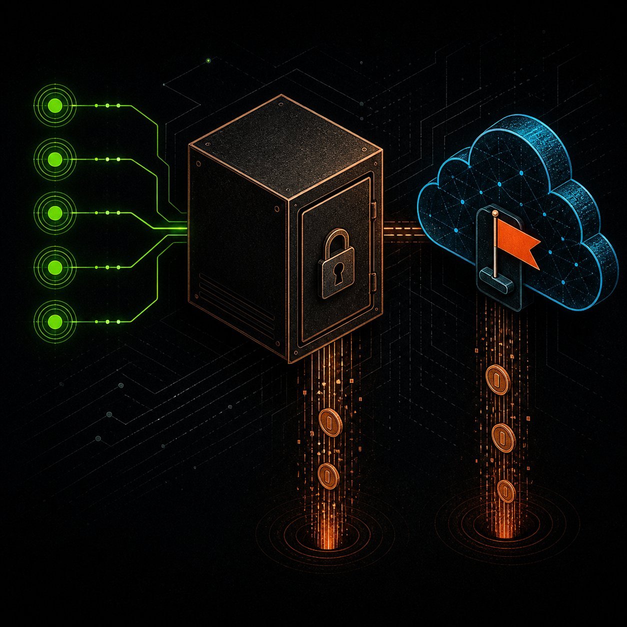 A locked black safe wired to a blue cloud raising an orange flag, coins draining from both.