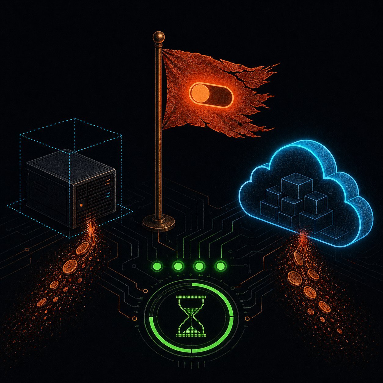 A torn orange flag with a toggle switch, coins burning off a dashed server outline into a solid cloud stacked with boxes.