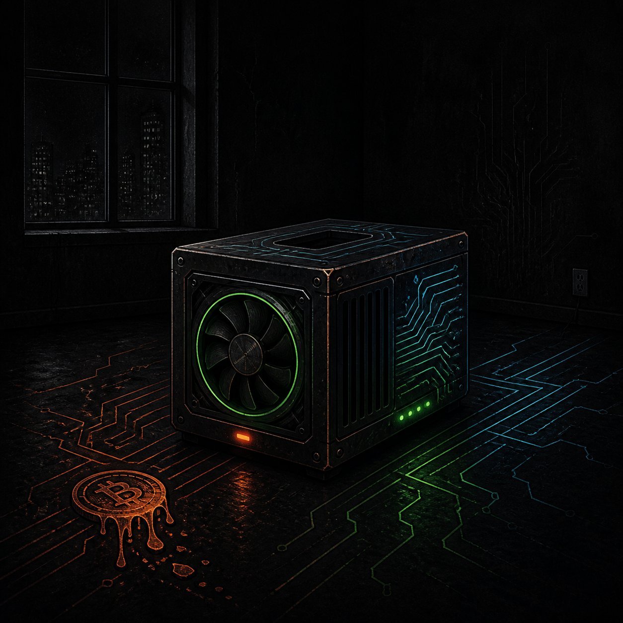 A GPU box in a dark room, a bitcoin coin melting and dripping on the floor beside it.