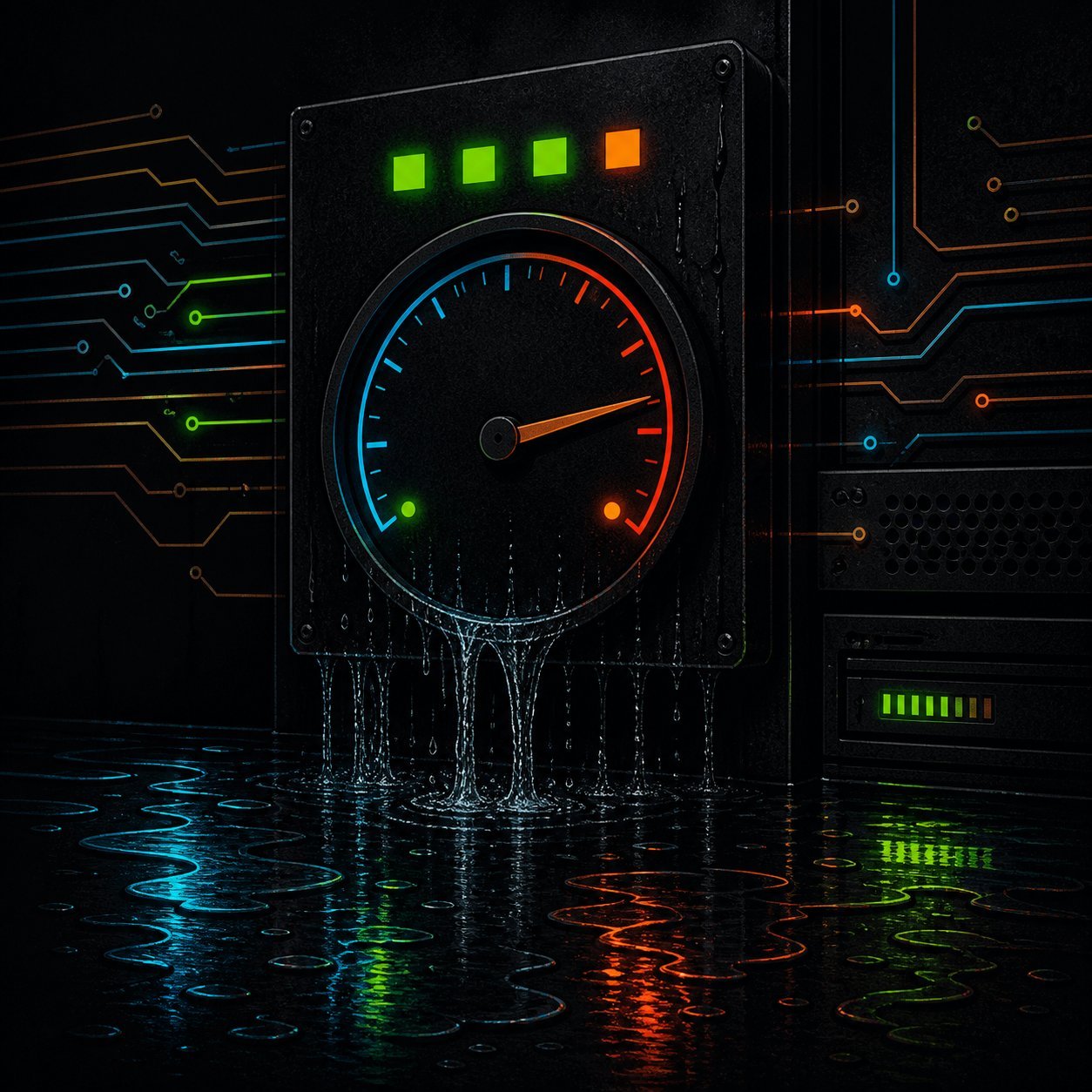 A gauge needle in the red, dripping water onto a flooded, reflective floor.