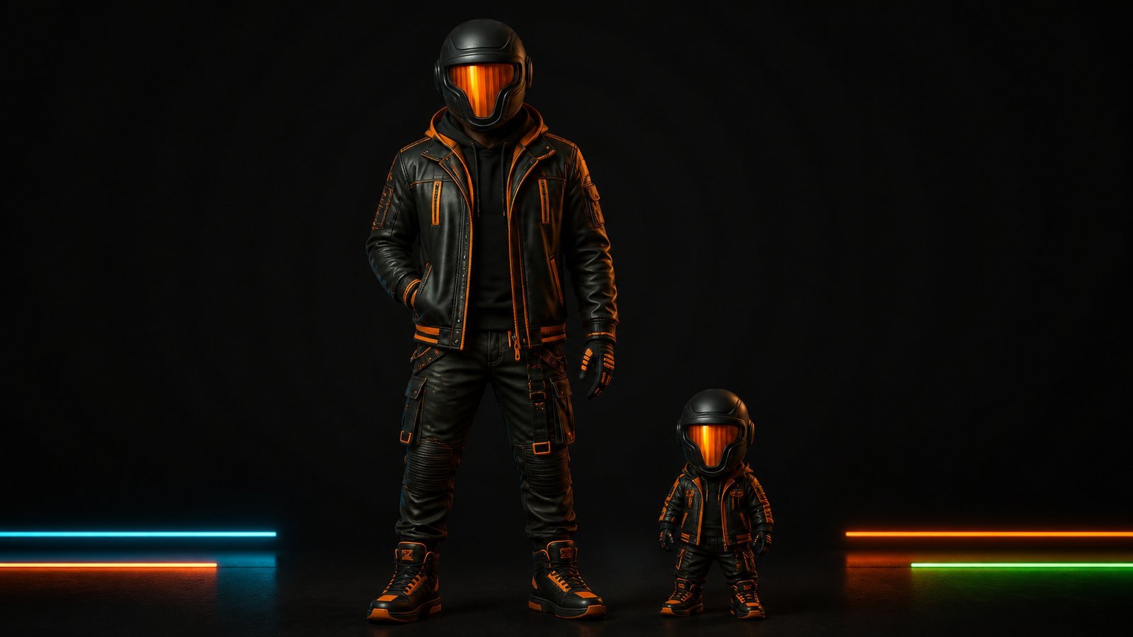 ACHEEVY beside his small mascot-scale companion, same helmet design, no face.